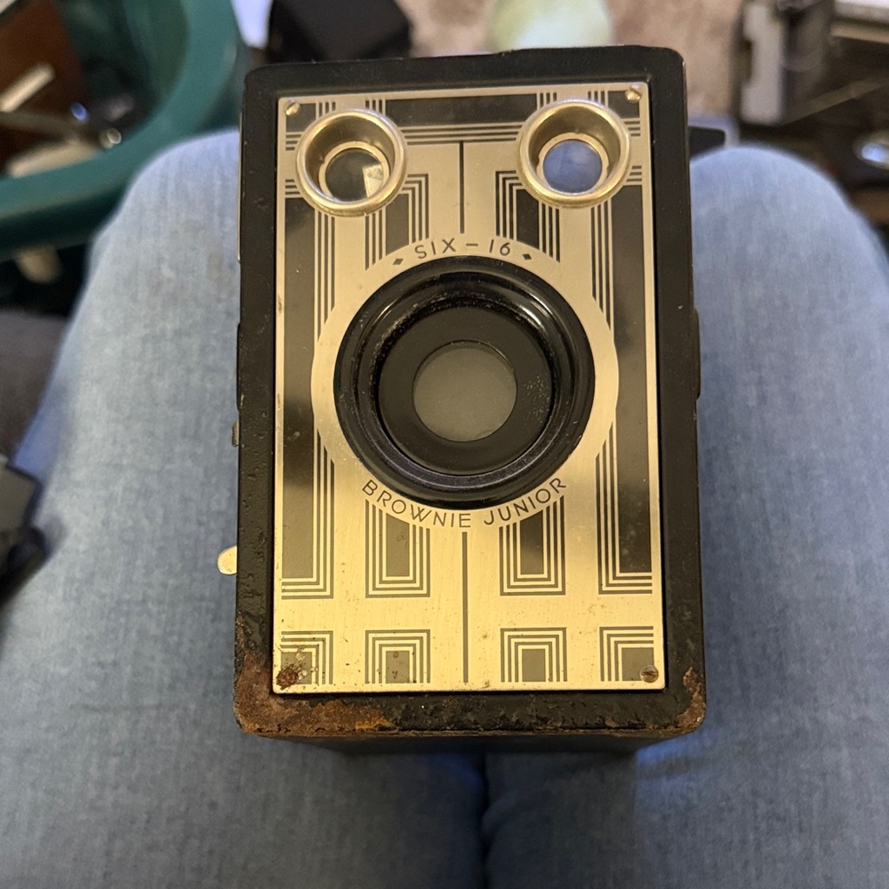 Kodak Box Camera with Black Body and Gold Art Deco Front